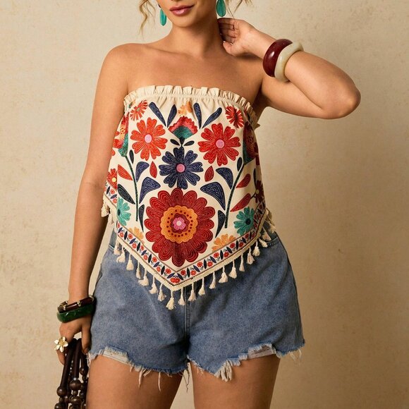 Apricot Boho Women's Floral Print Loose Tube Top - Picture 5 of 7